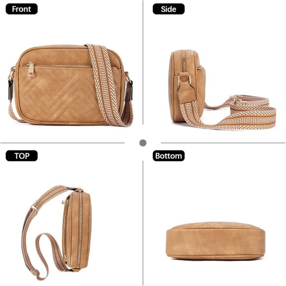 Bostanten Women Camel PU leather Small Quilted Crossbody Bags With Wide Strap - Picture 6 of 6